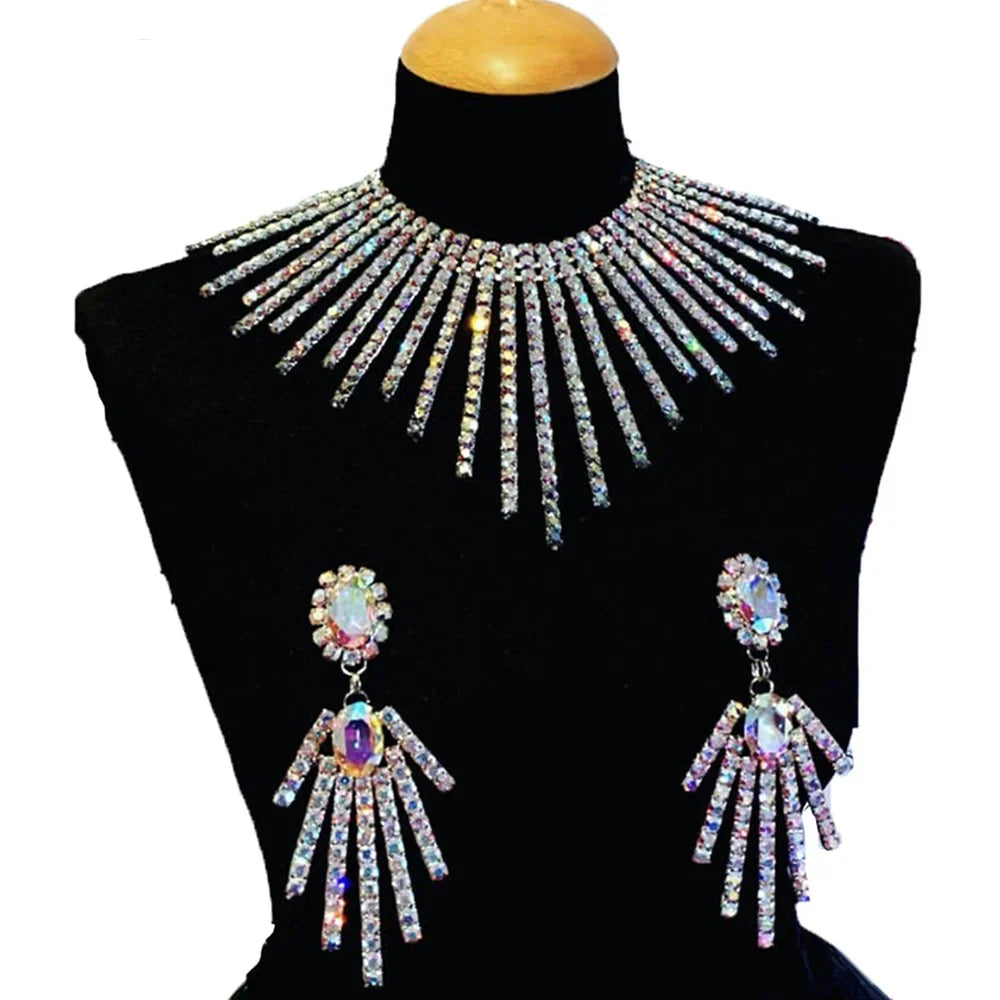 Rhinestone Tassel Necklace & Earring Set
