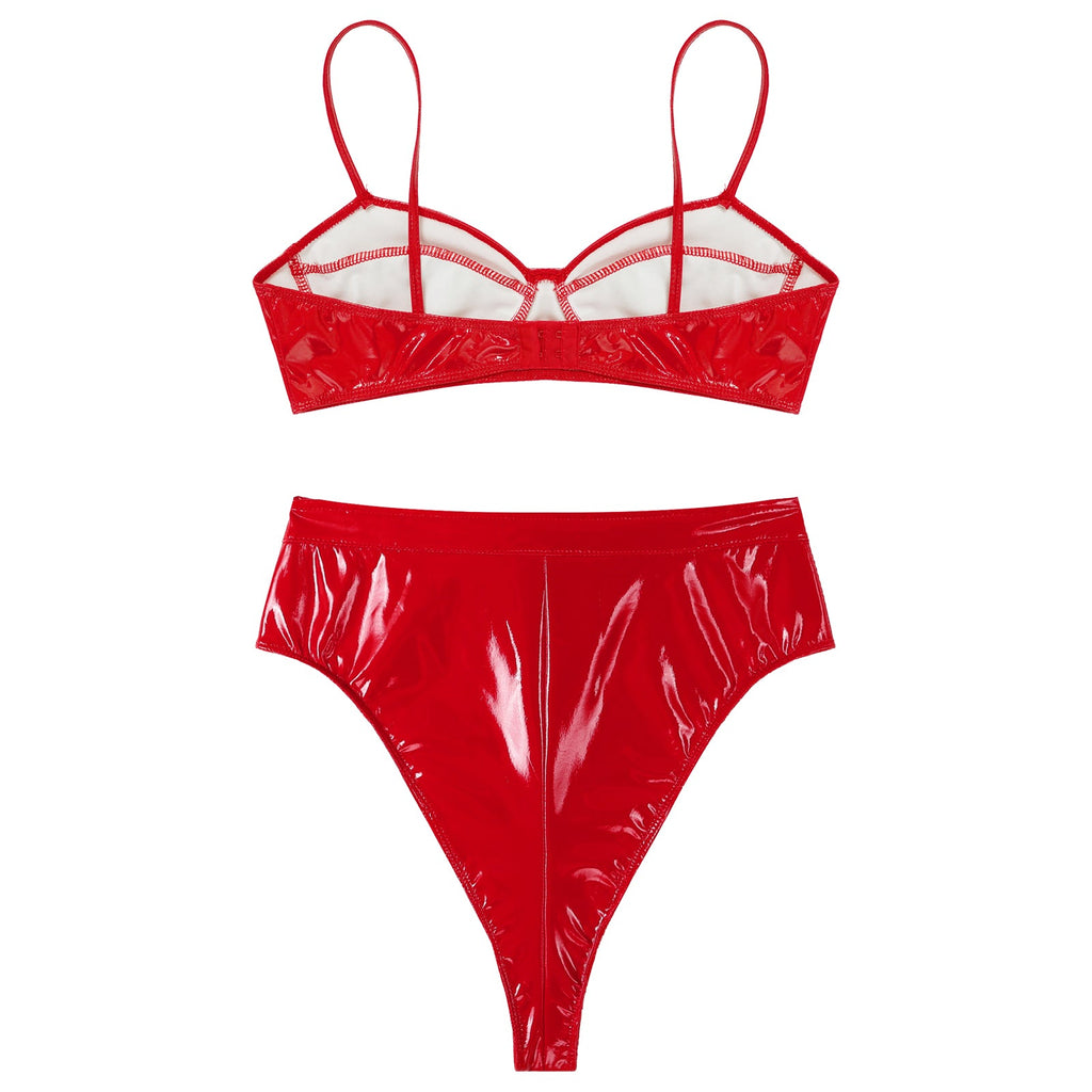 Womens Wet Look PVC Leather Underwear Set Wire-free Unlined Bra Top with High Cut Briefs Party Club Pole Dancing Clubwear