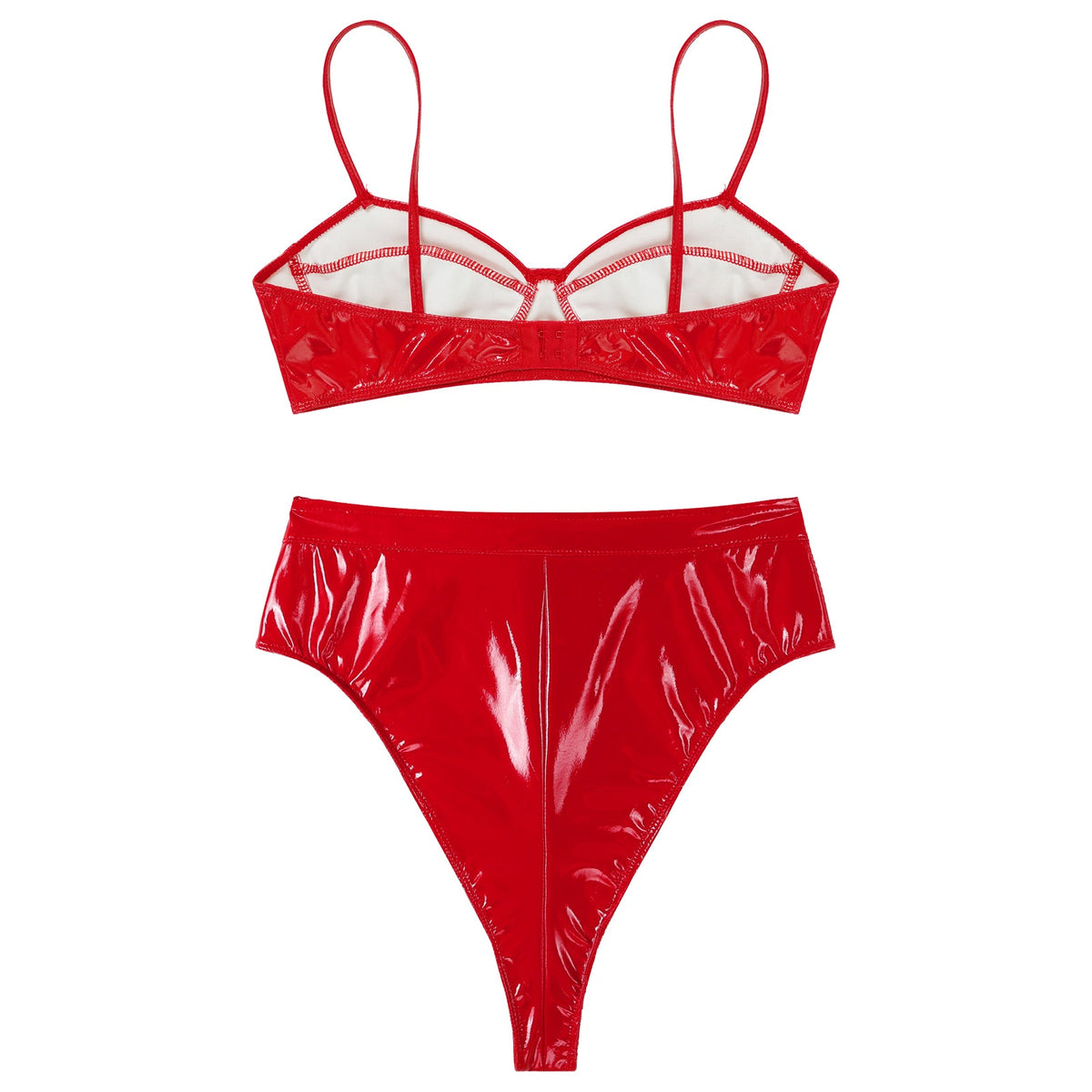 Womens Wet Look PVC Leather Underwear Set Wire-free Unlined Bra Top with High Cut Briefs Party Club Pole Dancing Clubwear