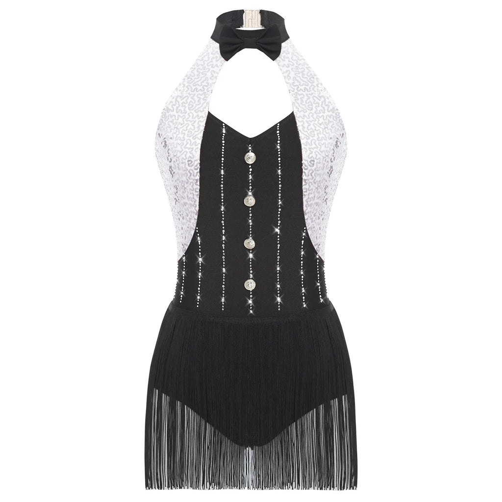 The Stardust Tuxedo Tassel Bodysuit – Luxury Sequins & Rhinestone Showgirl Leotard