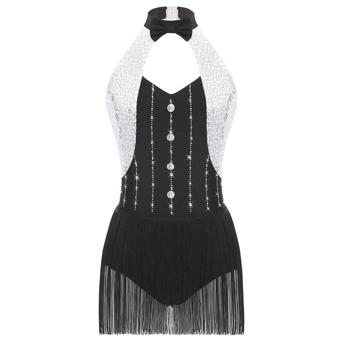The Stardust Tuxedo Tassel Bodysuit – Luxury Sequins & Rhinestone Showgirl Leotard