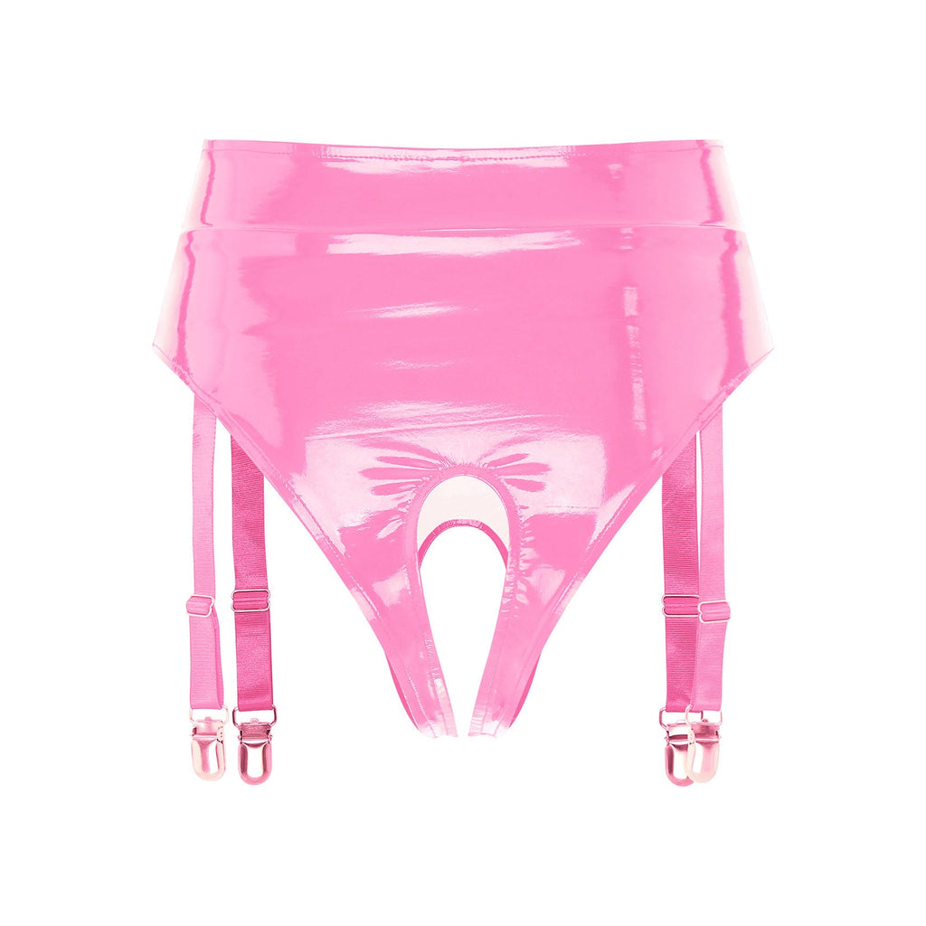 High-Waist Patent Leather Crotchless Thong & Garter Clip Lingerie