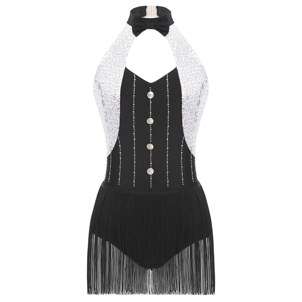 The Stardust Tuxedo Tassel Bodysuit – Luxury Sequins & Rhinestone Showgirl Leotard