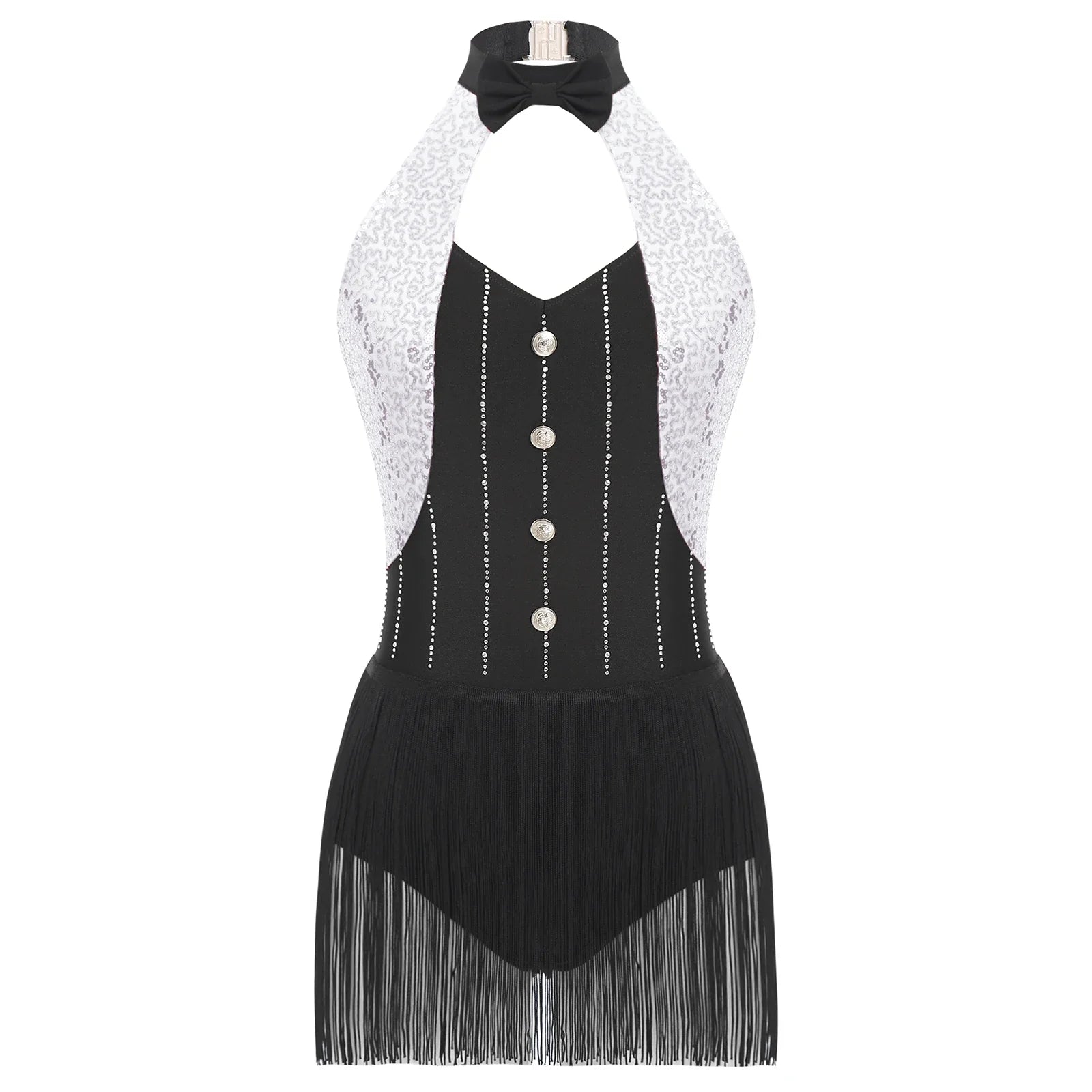 The Stardust Tuxedo Tassel Bodysuit – Luxury Sequins & Rhinestone Showgirl Leotard