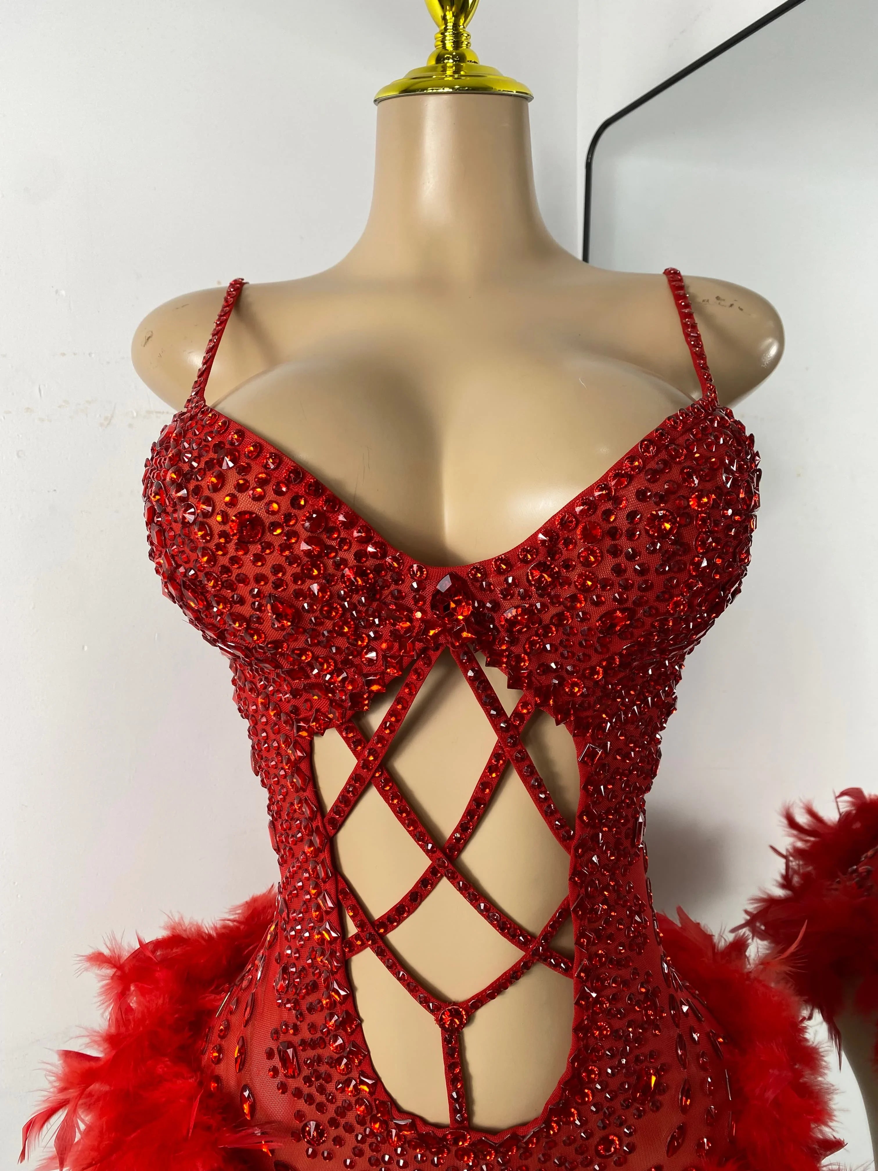The Stardust Follies Feather Bodysuit – Luxury Rhinestone & Mesh Showgirl Costume