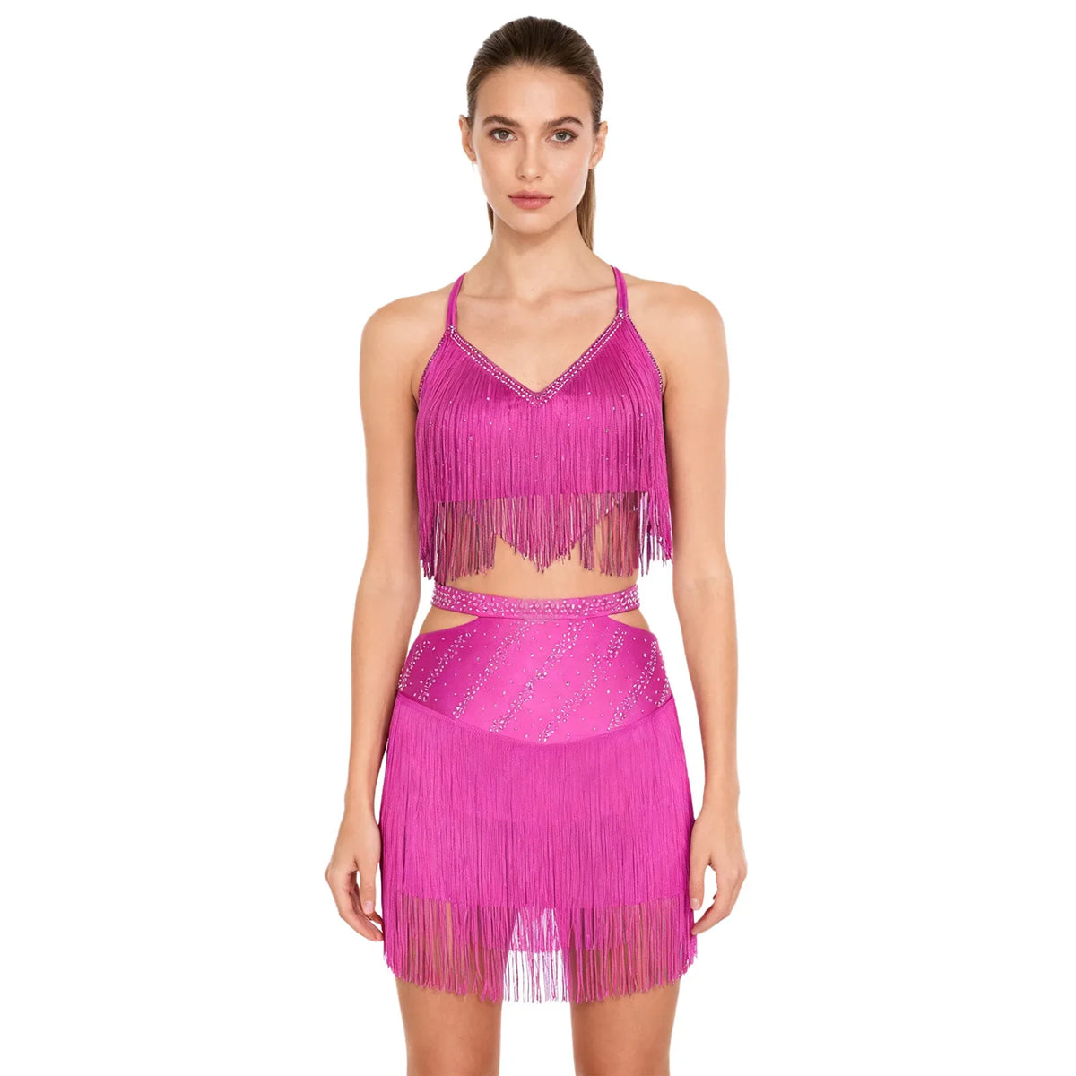 Sparkly Rhinestone & Tassel Fringe Two-Piece Latin Tango Dance Outfit Set