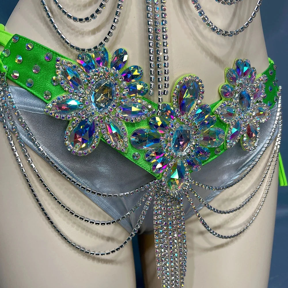 Handmade Samba Carnival Crystal Wire Bra, Panty & Belt 3-Piece Costume Set
