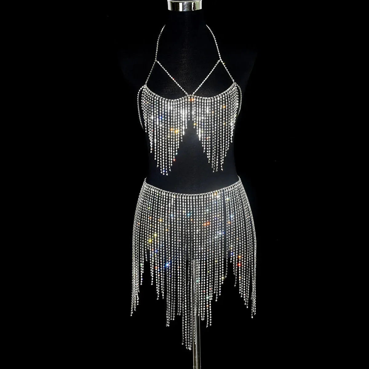 Dazzling Crystal Tassel Body Chain & Skirt Set