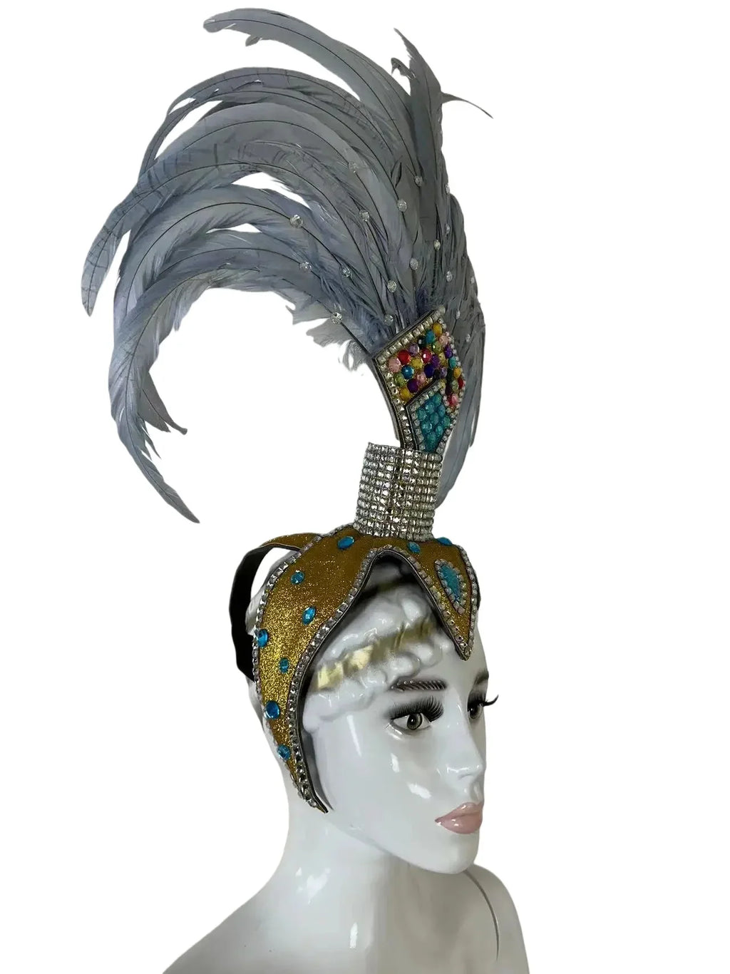 The Stardust Dionysia – Silver & Charcoal Feather Carnival & Masque Ball Headdress