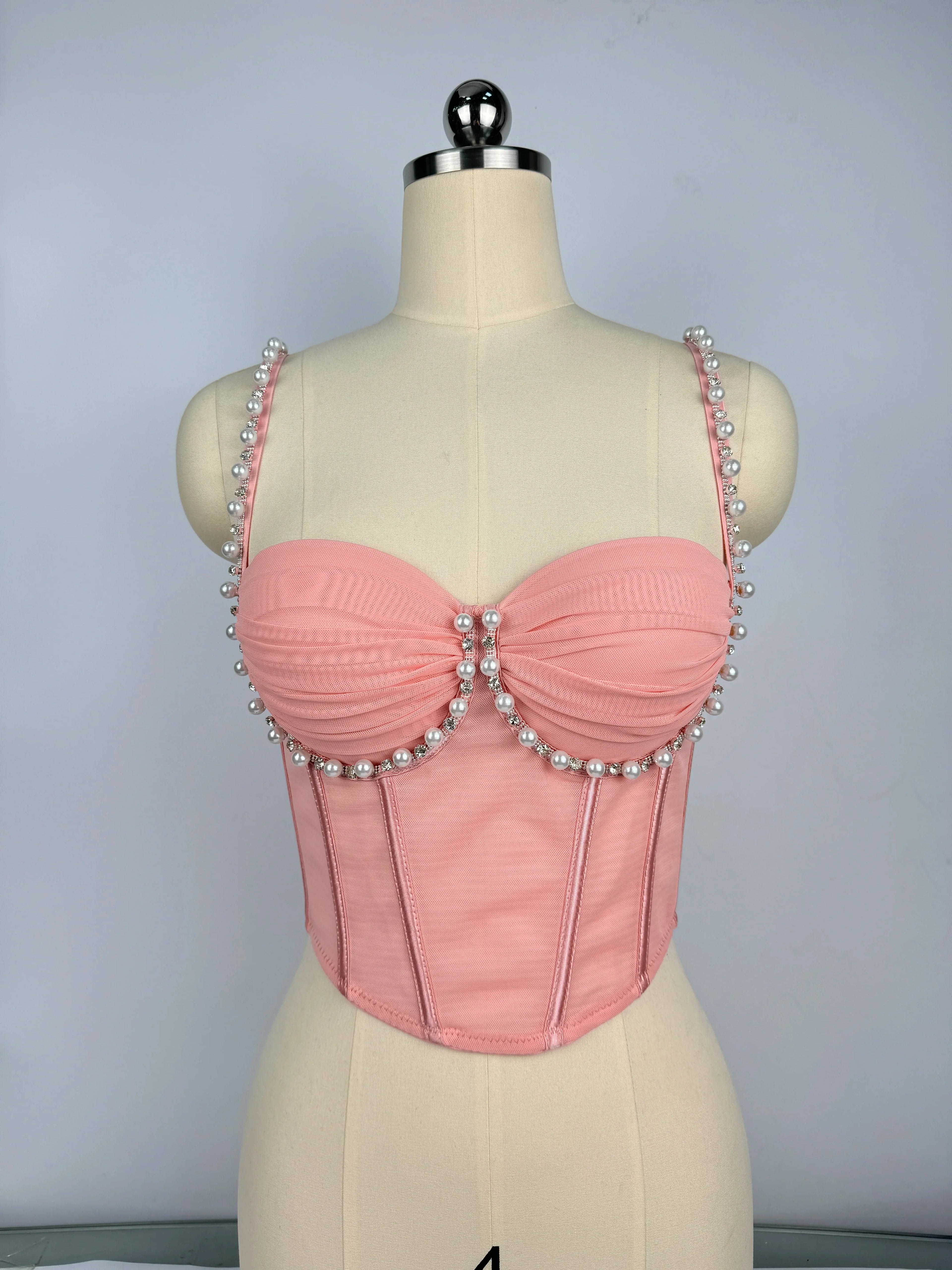 Pearl & Rhinestone Embroidered Bustier Corset Crop Top High Street Bralette