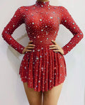 Transparent Rhinestone High-Collar Mini Dress & Stage Performance Costume