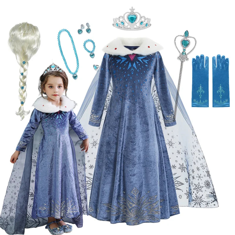 Girls Elsa Snow Queen Princess Costume Dress – Winter Cosplay Outfit