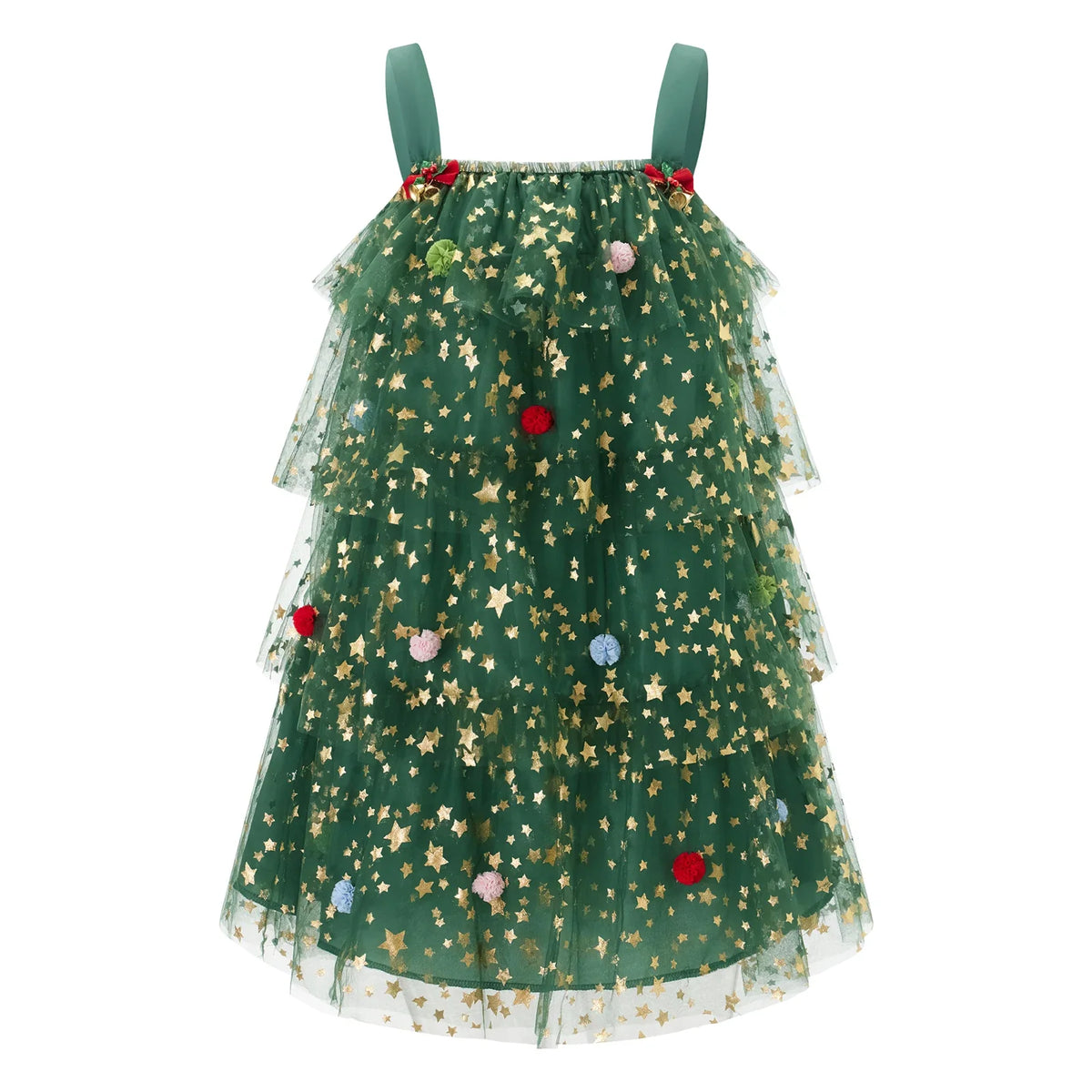 Women Fashion Christmas Dress Star Print Square Neck Sleeveless Layered Tulle Dresses with Plush Ball