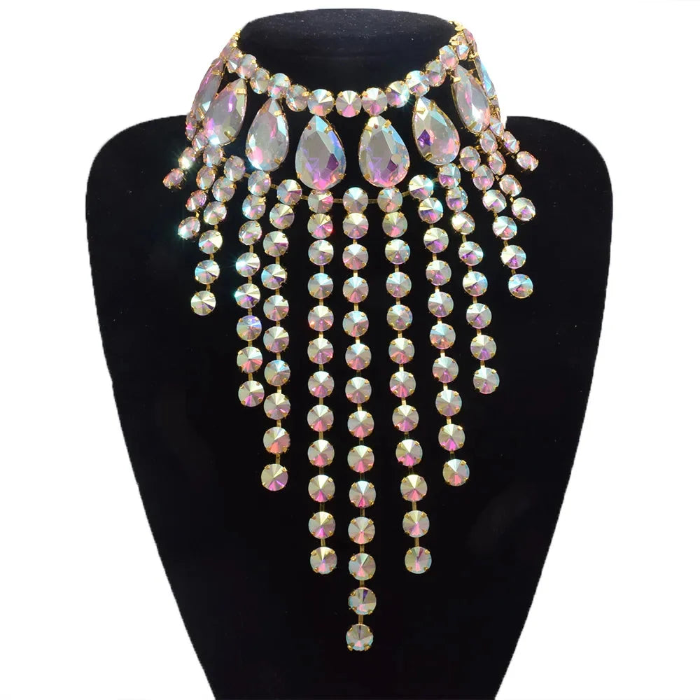 Rhinestone Glass Crystal & AB Drop Tassel Choker Necklace
