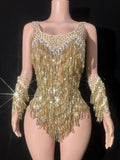 Gold Sparkly Rhinestone, Sequin & Tassel Bodysuit Stage Performance Costume