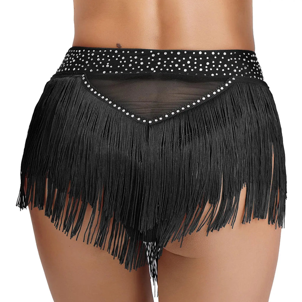 Rhinestone Tassel High-Waist Dance Shorts & Sheer Mesh Fringe Skirt