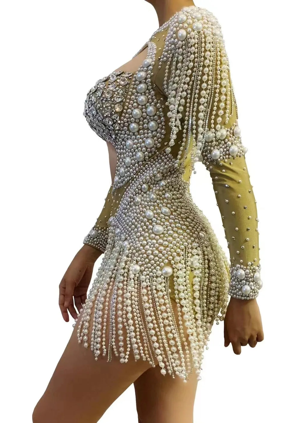 The Stardust Diamond Cutout Bodysuit – Luxury Rhinestone & Pearl Fringe Showgirl Costume