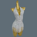 Sparkly Pearl & Crystal Tassel Deep V-Neck Backless White Stage Bodysuit Leotard