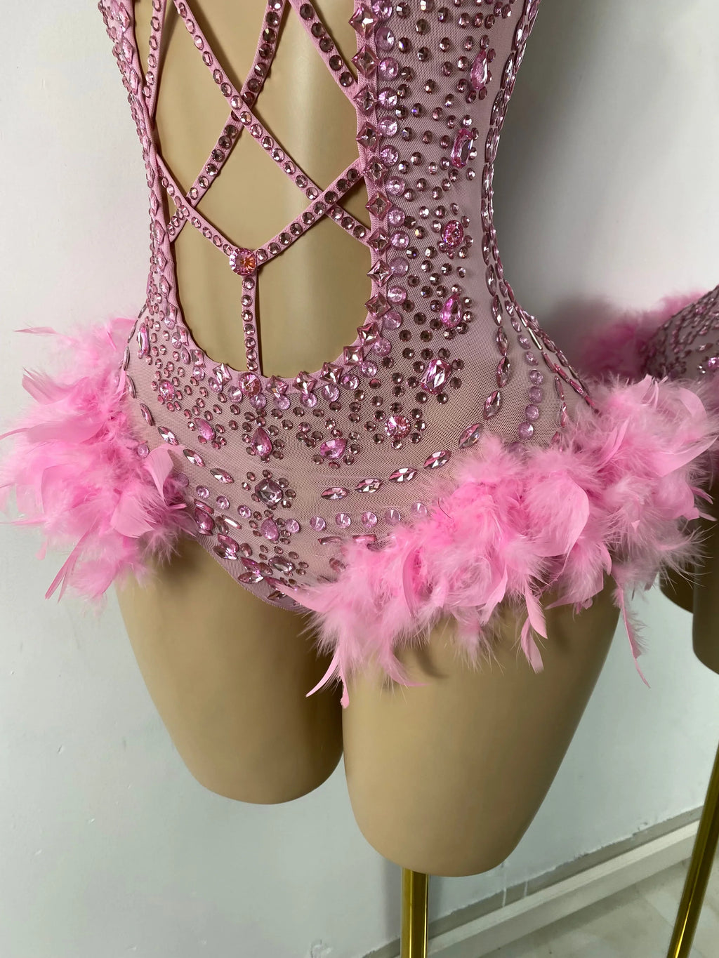 The Stardust Follies Feather Bodysuit – Luxury Rhinestone & Mesh Showgirl Costume
