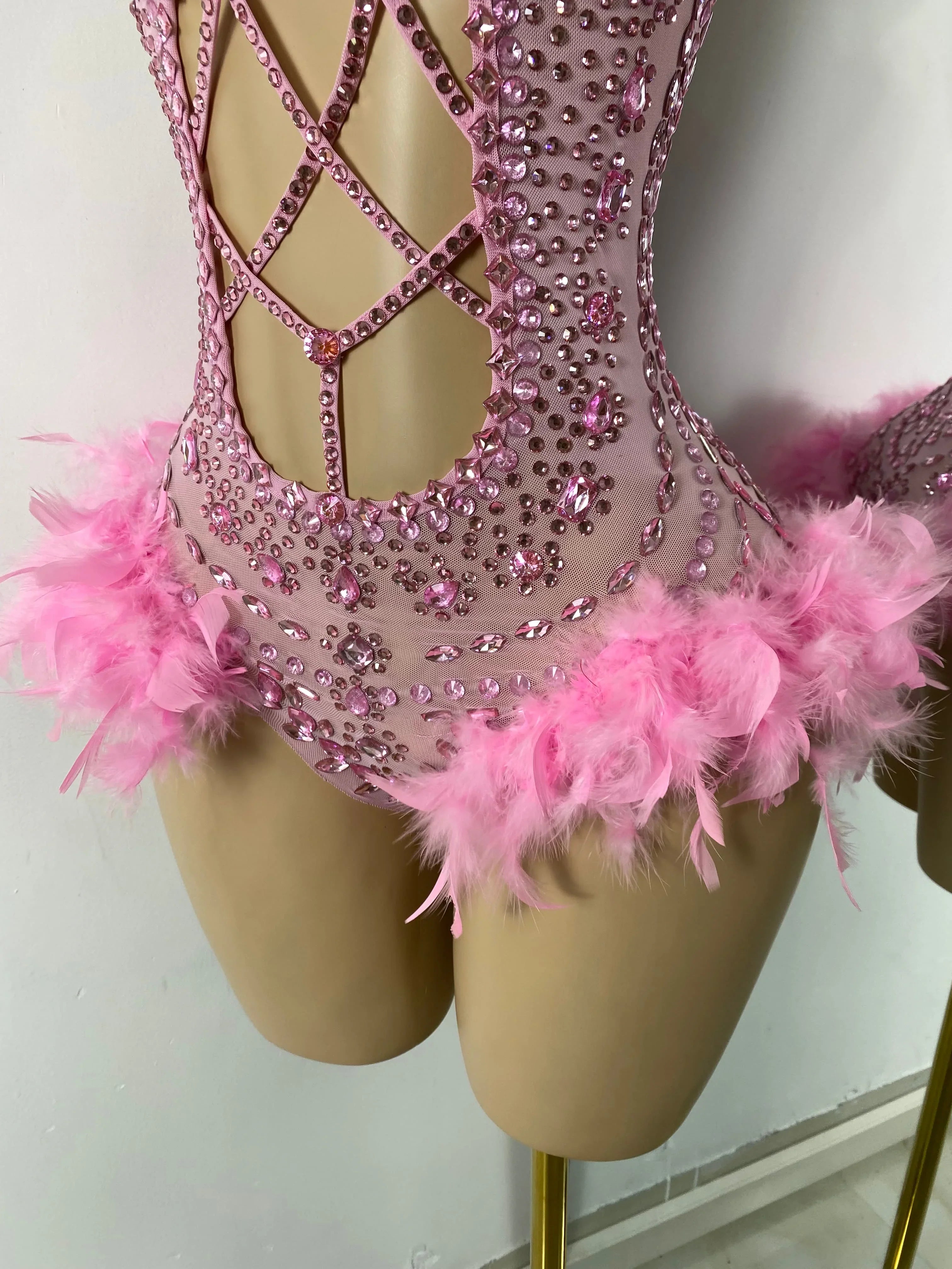 The Stardust Follies Feather Bodysuit – Luxury Rhinestone & Mesh Showgirl Costume