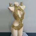 Gold Hollow-Out Rhinestone Bodysuit & Wristband Gogo Stage Performance Costume