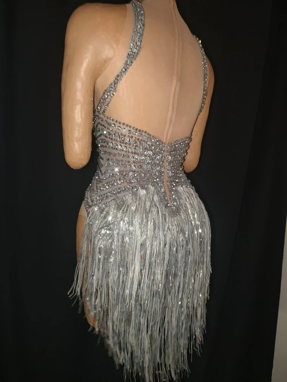 The Stardust Lumina Illusion – Silver Rhinestone & Tassel Performance Bodysuit
