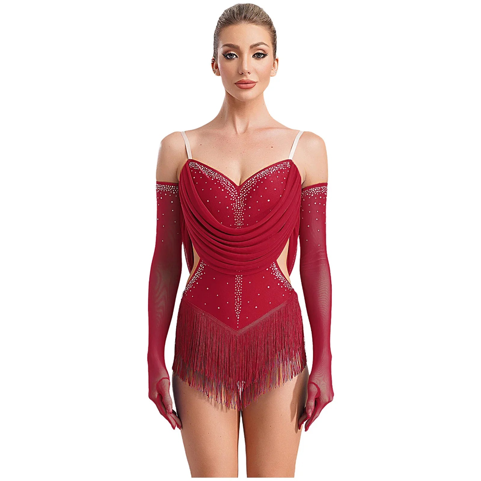 Sparkly Rhinestone & Tassel Fringe Dance Leotard with Gloves Two-Piece Stage Costume