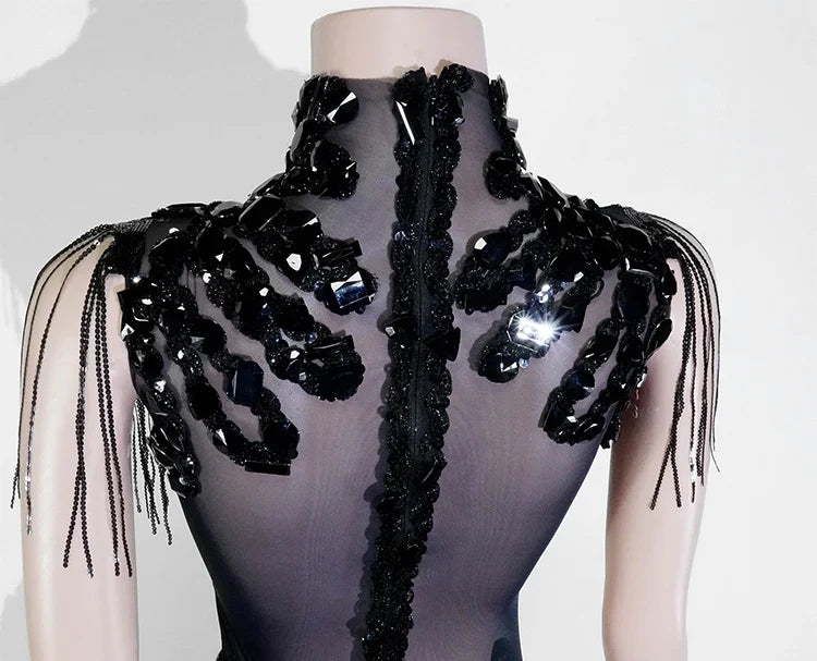 The Stardust Midnight Cabaret Bodysuit – Luxury Rhinestone & Mesh Showgirl Costume