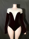 Sparkly Rhinestone Long-Sleeve Bodysuit Stage Performance Costume