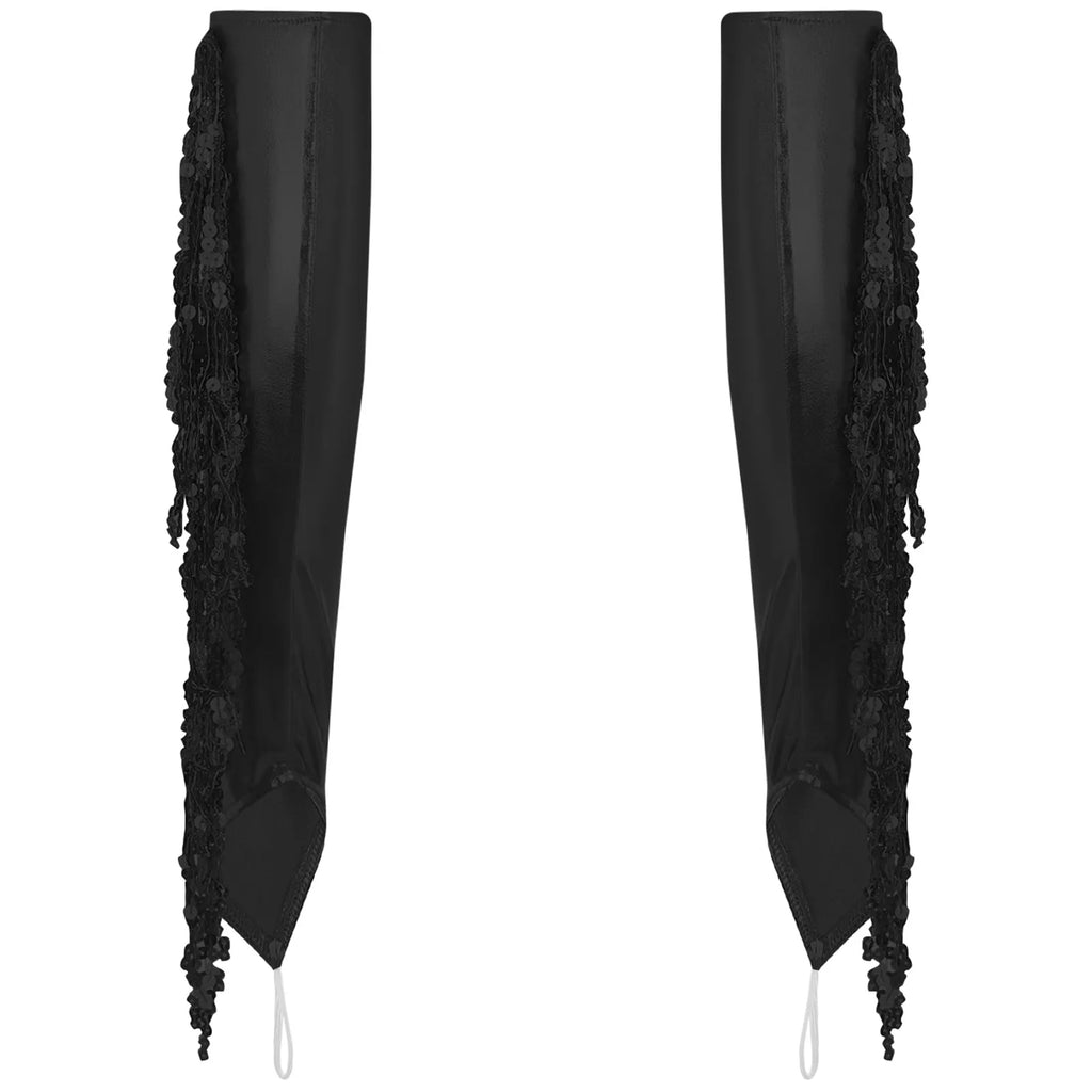 Sequined Fringe Latin Dance & Figure Skating Jumpsuit Leotard Set with Mesh Gloves