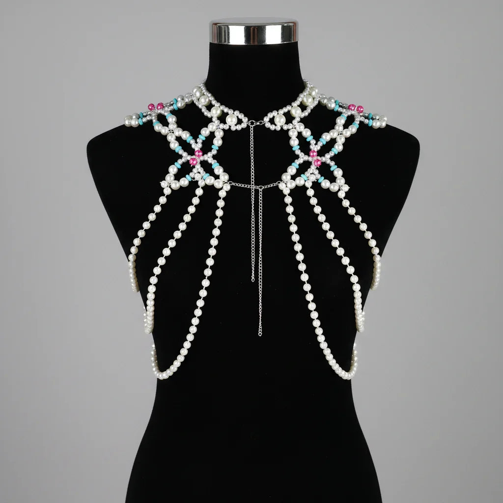 Dazzling Simulated Pearl String Bra Chain & Bikini Shawl Chest Jewelry