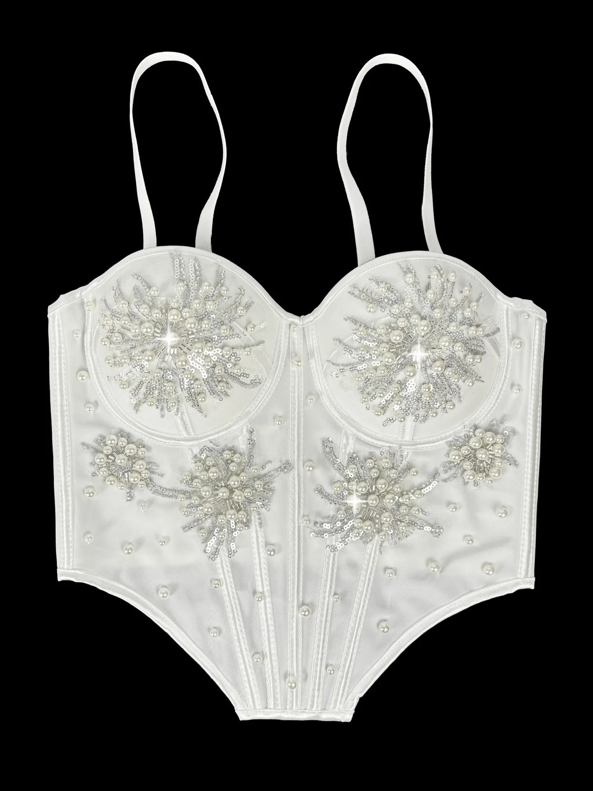 Pearl & Sequin Embroidered Floral Bustier Corset Top Asymmetric Camisole Bralette