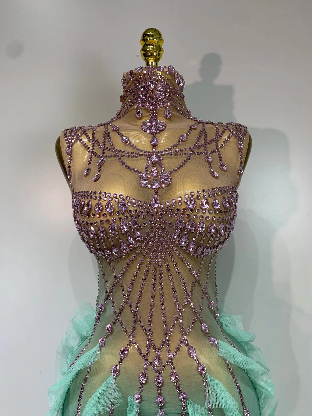 Mint Green Ombré Rhinestone Illusion Gown Tiered Ruffle Hem Maxi Stage Dress