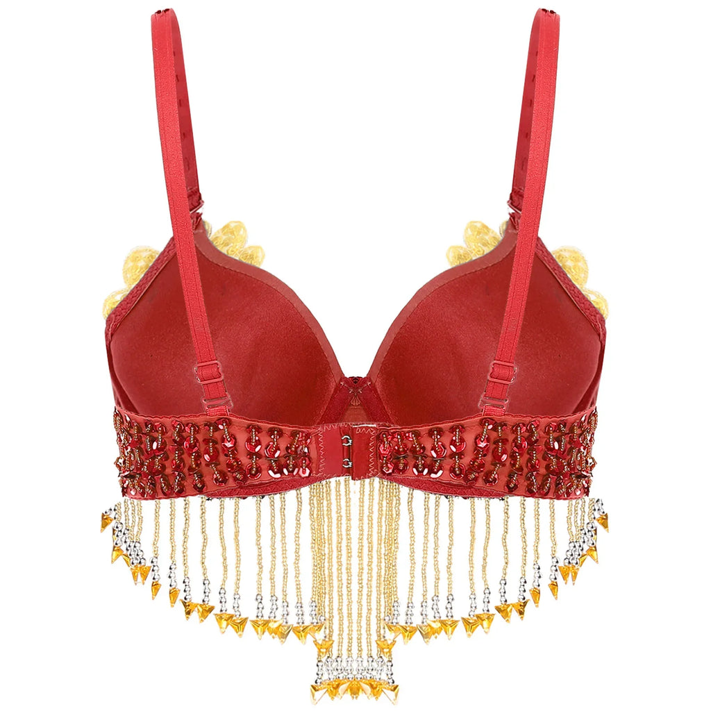 Sparkly Floral Beaded Sequin Belly Dance Bra & Tassel Performance Top