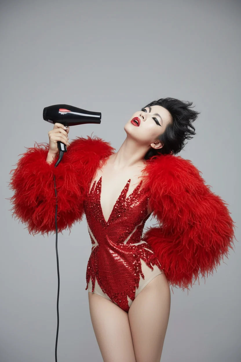 Sultry Red Feather Showgirl Bodysuit & Stage Costume Set