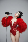 Sultry Red Feather Showgirl Bodysuit & Stage Costume Set