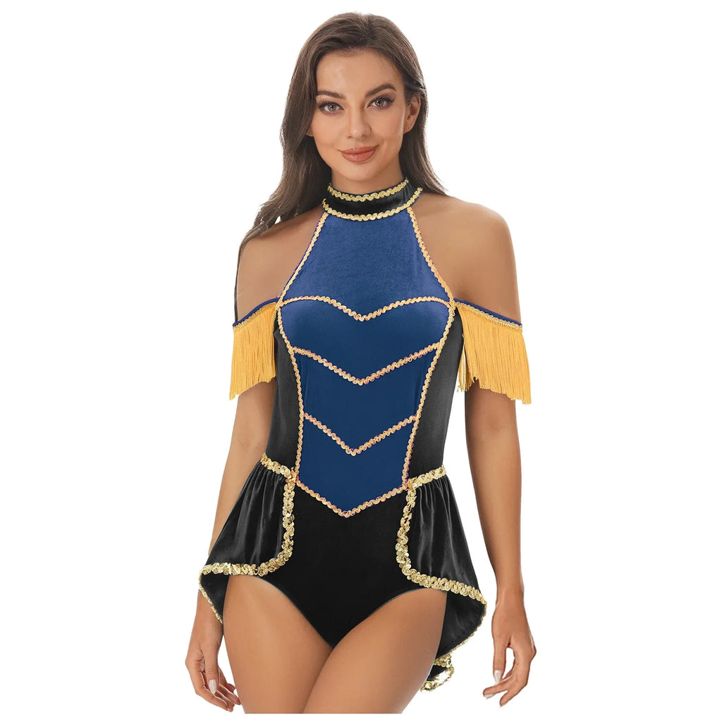 Women's Velvet Circus Ringmaster Sequin Tassel Jumpsuit & Tailcoat