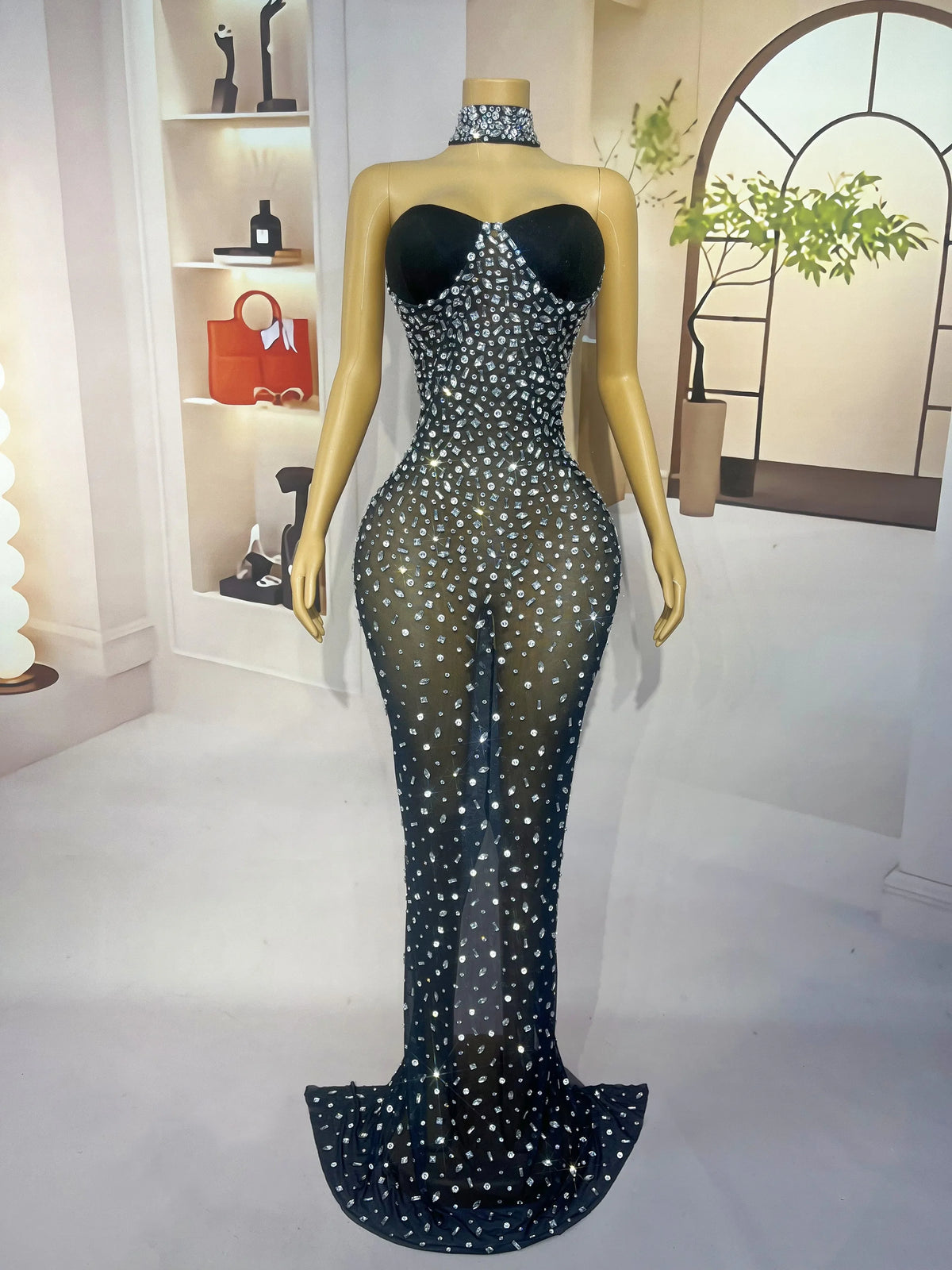 Silver Rhinestone Sheer Mesh Tube Evening Gown Stage Ball Dress