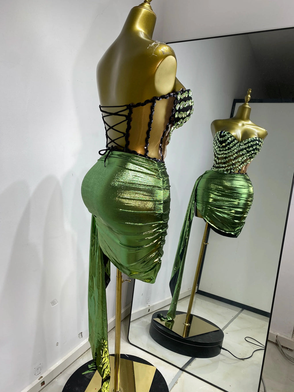 Rhinestone Tube Bustier Corset Top & Bronzing Mini Skirt 2-Piece Performance Set