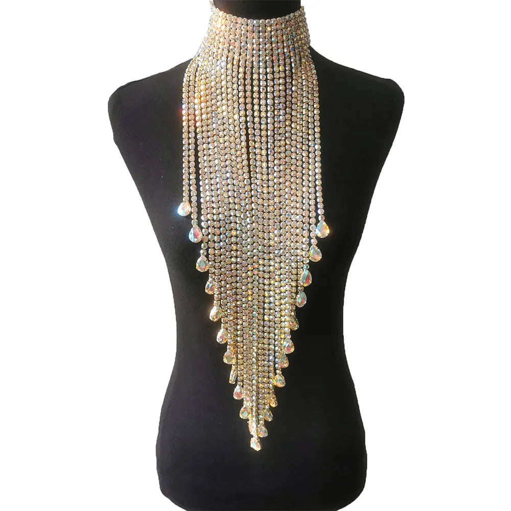 Luxury Rhinestone Long Tassel Statement Choker – Waist-Length Crystal Drop Necklace for Weddings, Galas & High-Fashion Clubwear