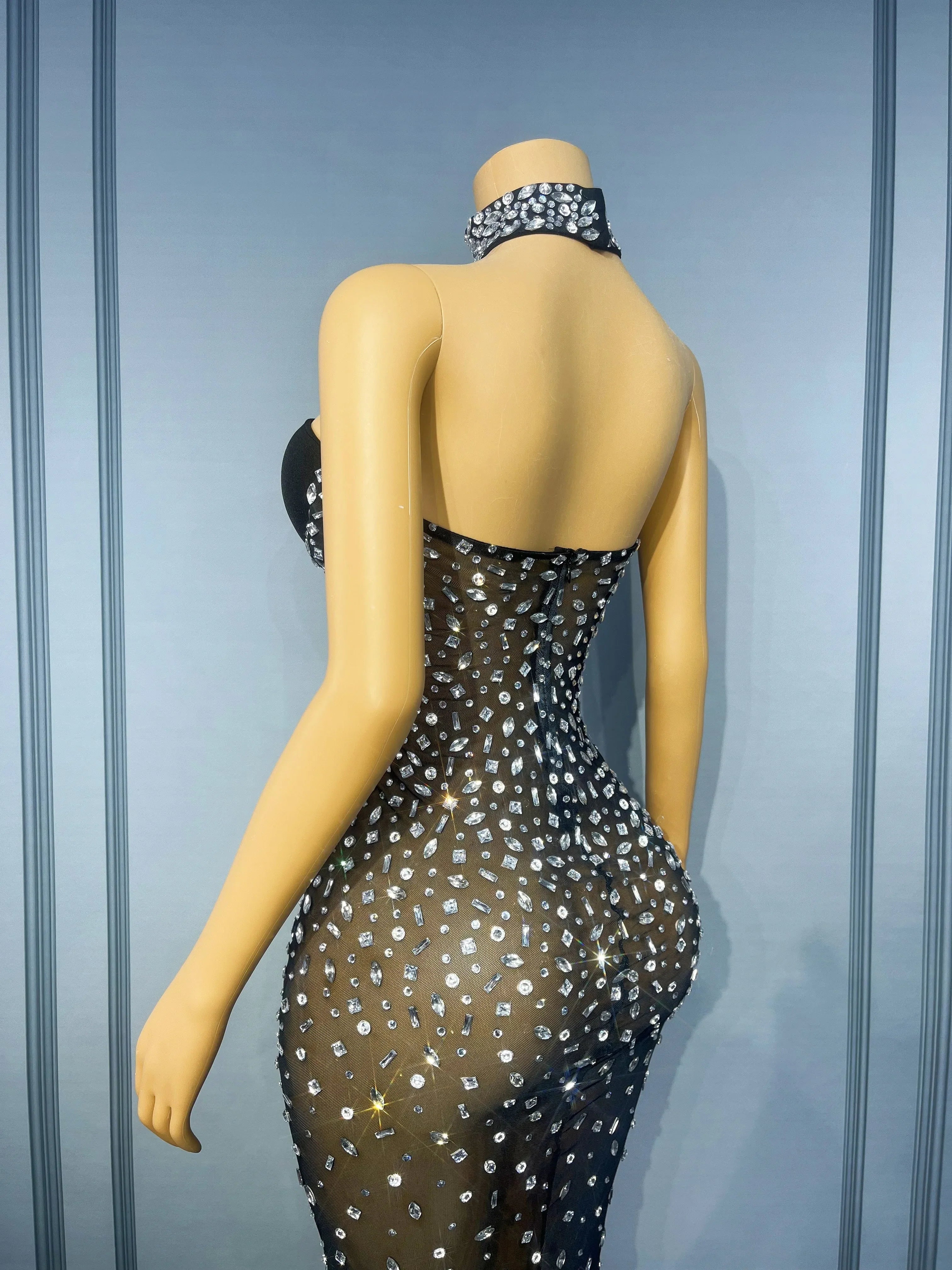 Silver Rhinestone Sheer Mesh Tube Evening Gown Stage Ball Dress