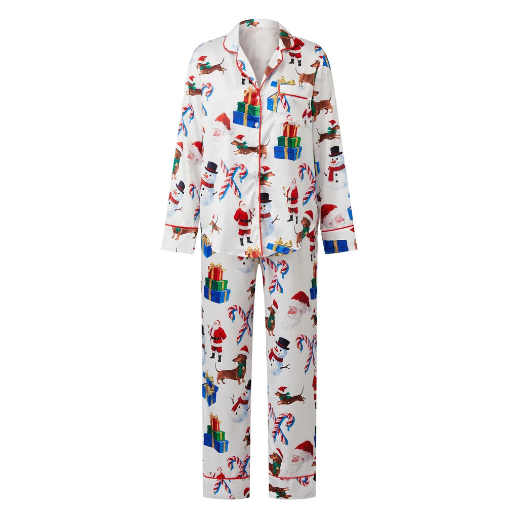 Women Christmas Two Pieces Pajama Set Bow/Dog/Snowman Print Long Sleeve Shirt with Pants Sleepwear Loungewear