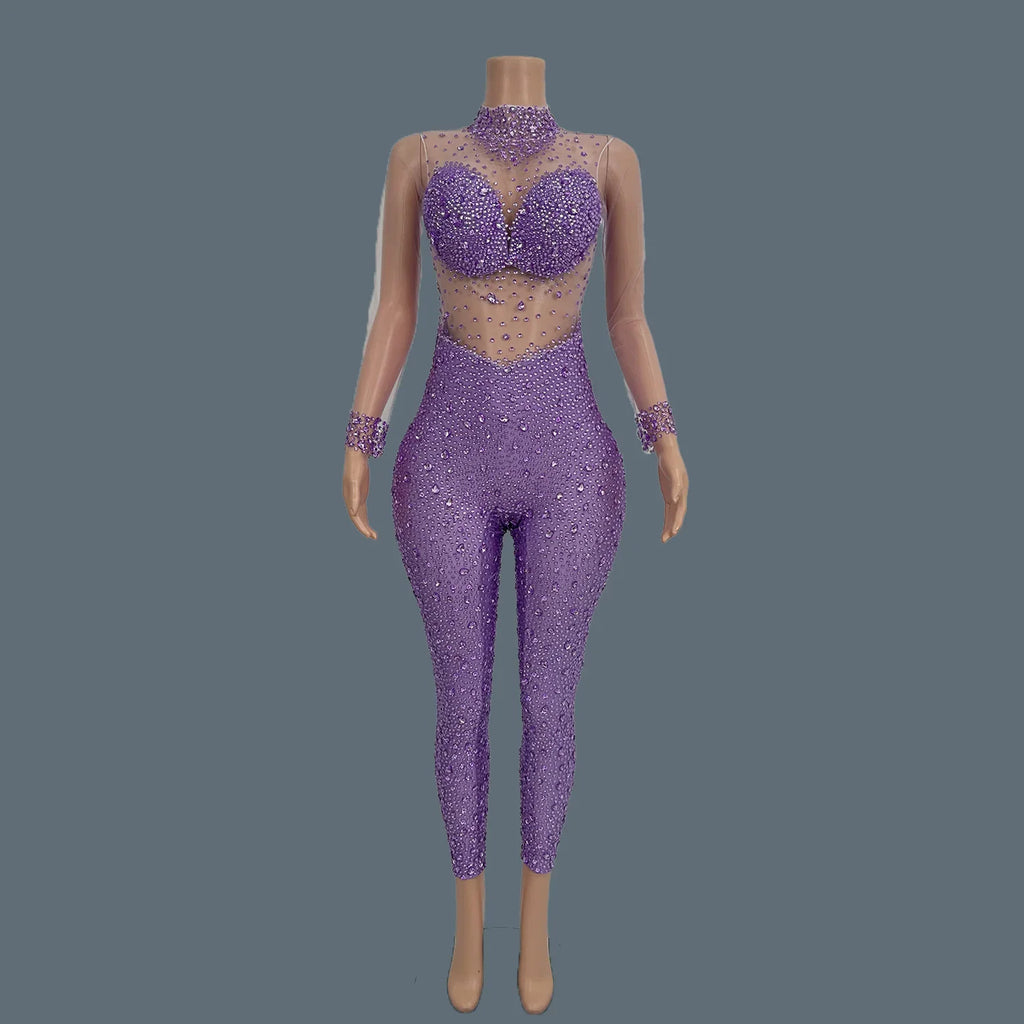 Sparkly Crystal Mesh Sheer Illusion Jumpsuit Stage Catsuit Costume