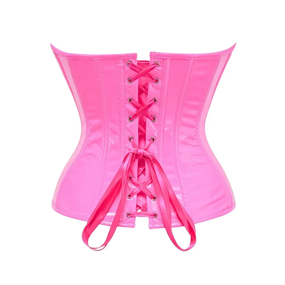 Steampunk PVC Leather Overbust Corset Front Busk Lace-Up Bustier Top