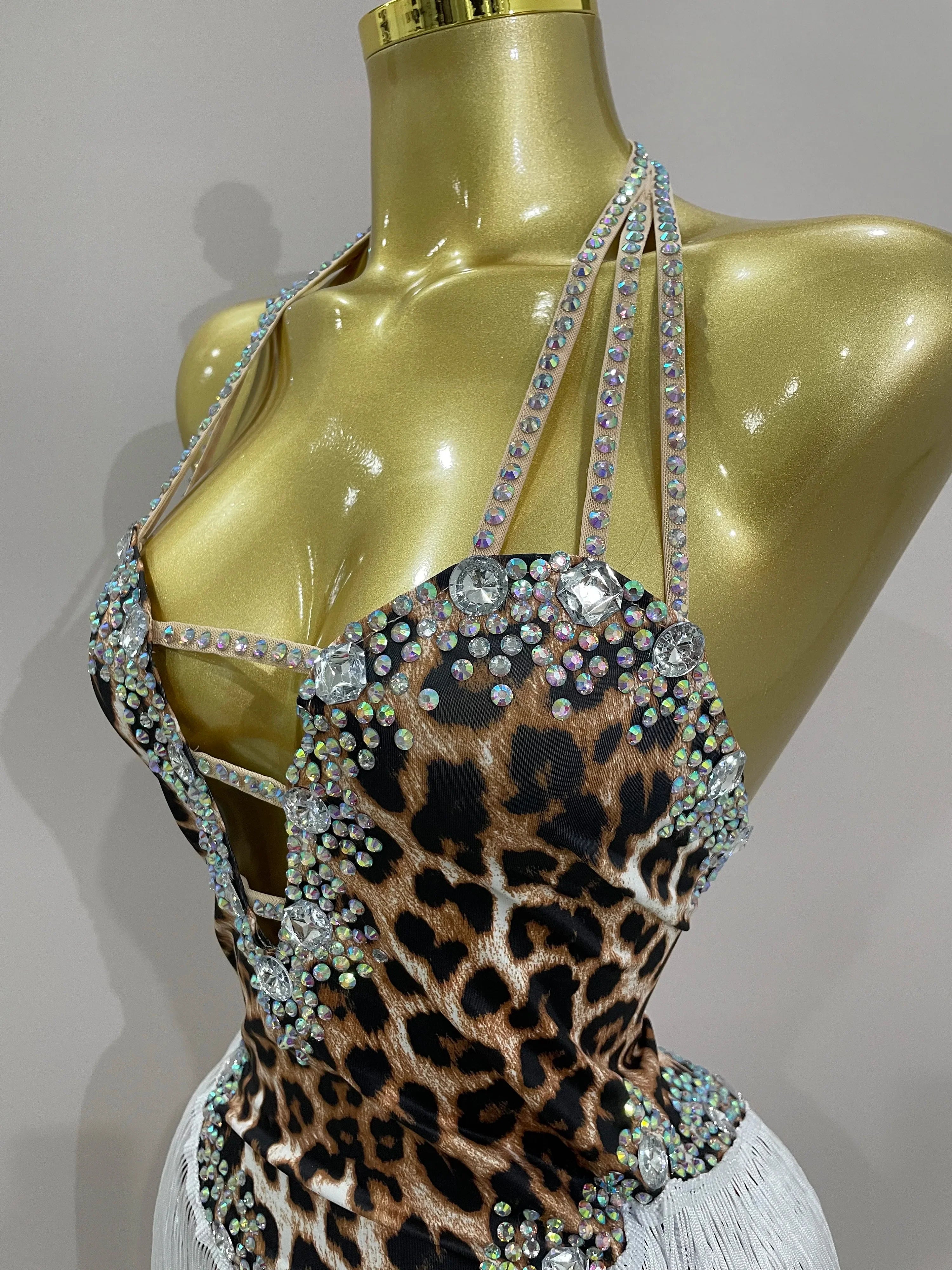 The Wildcat Stardust Tassel Bodysuit – Luxury Rhinestone Leopard Showgirl Costume