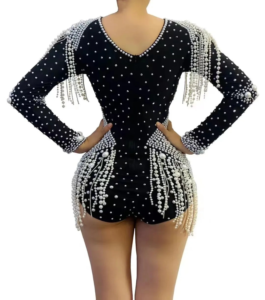 The Stardust Diamond Cutout Bodysuit – Luxury Rhinestone & Pearl Fringe Showgirl Costume