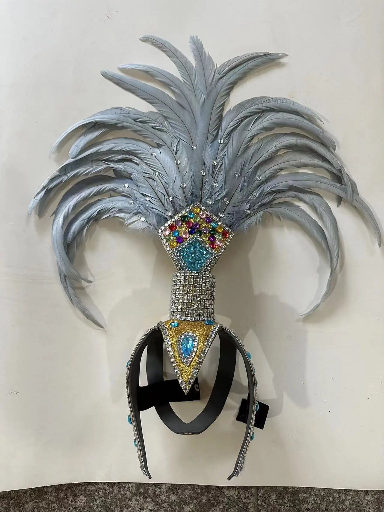 The Stardust Dionysia – Silver & Charcoal Feather Carnival & Masque Ball Headdress
