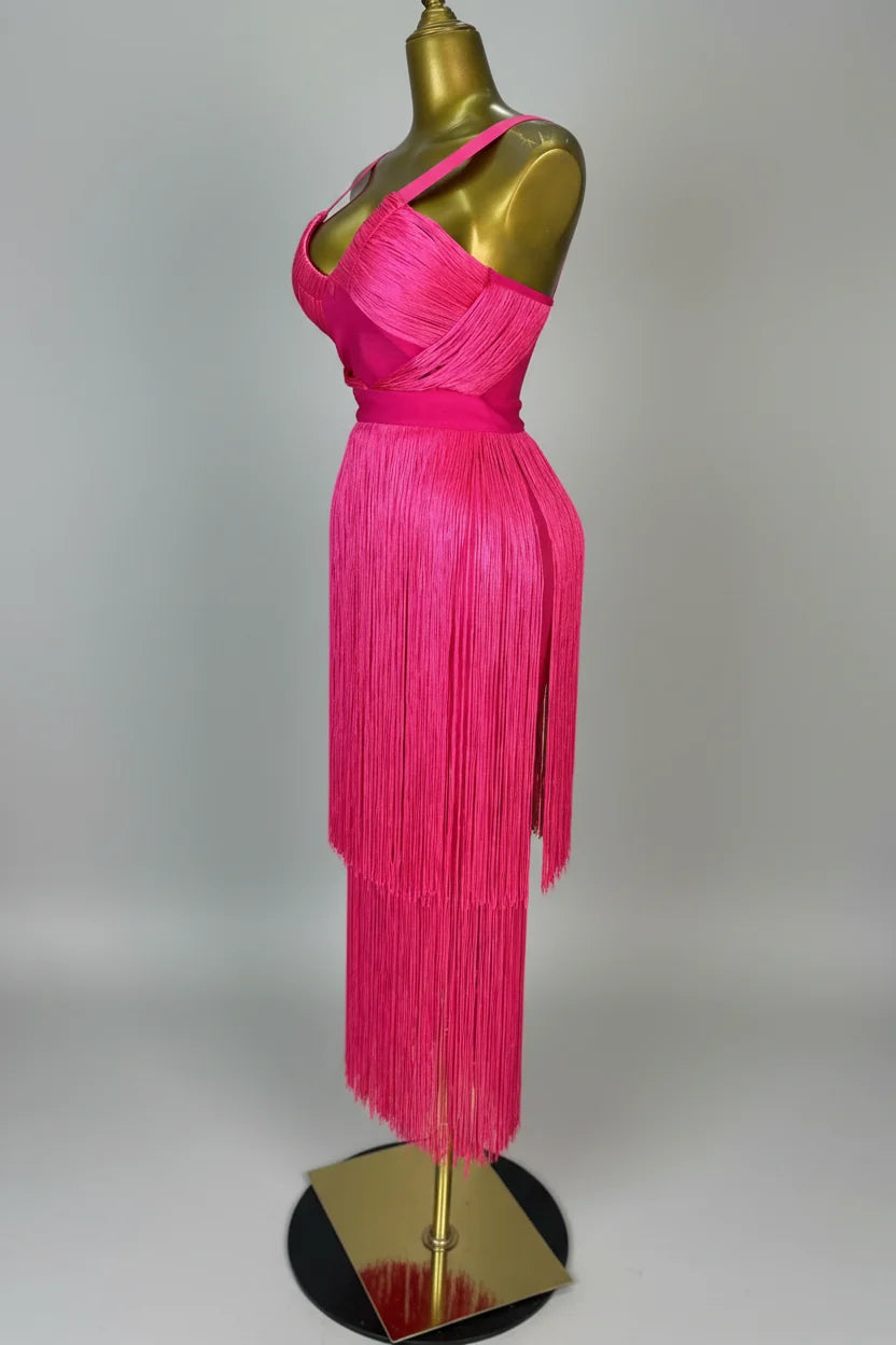 Hot Pink Asymmetrical Fringe Bandage Midi Dress & One-Shoulder Gala Party Dress