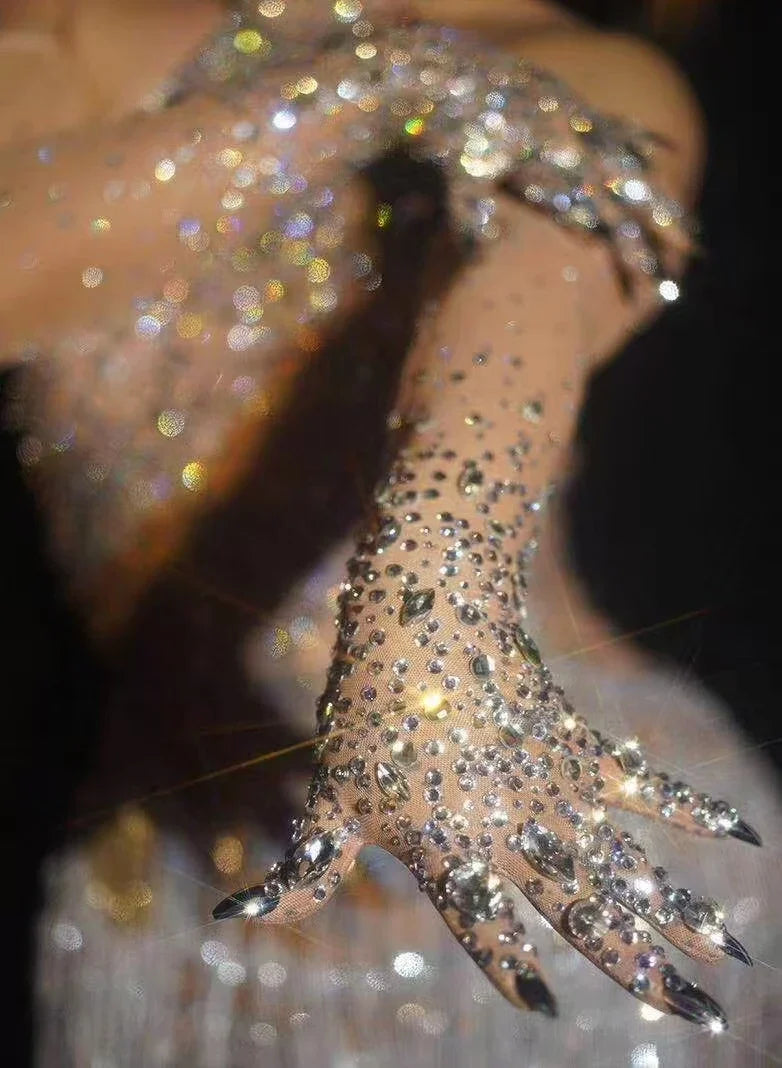 The Stardust Illusion Rhinestone Gloves – Luxury Crystal Mesh Opera Gloves