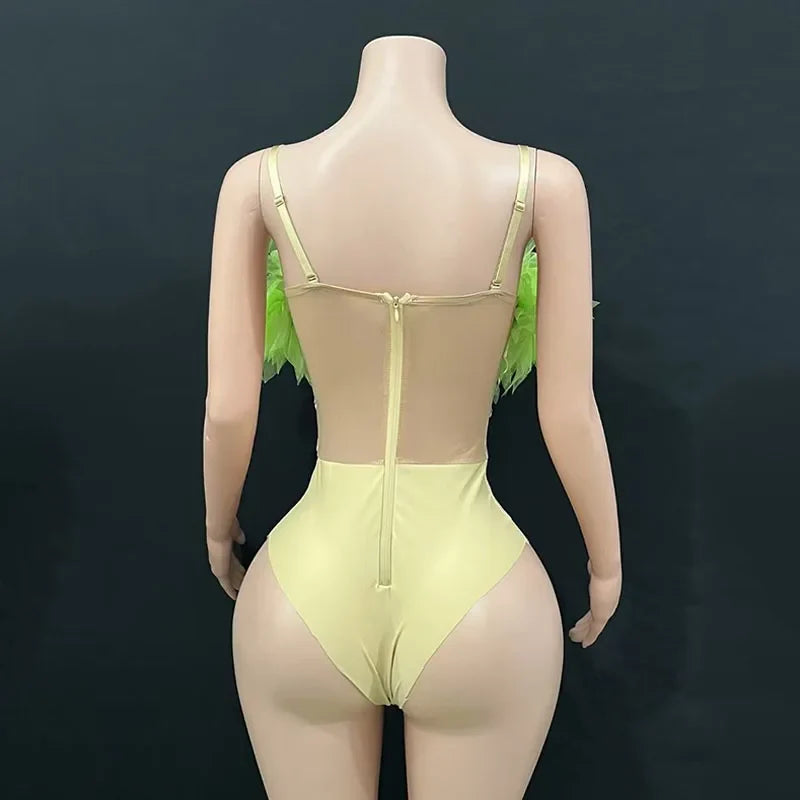 Fluffy Feather & Rhinestone Bodysuit Gogo Stage Performance Costume